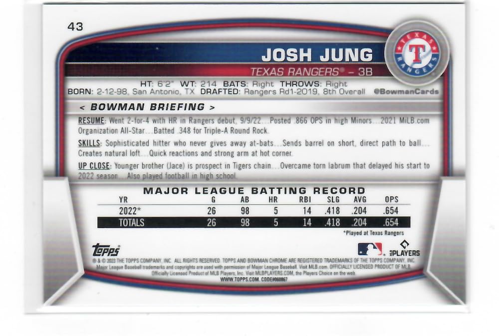 2023 Bowman Chrome Mega Box Mojo Refractor Blue #43 Josh Jung RC - Rookie Card /150 Texas Rangers Baseball NM-MT K15373