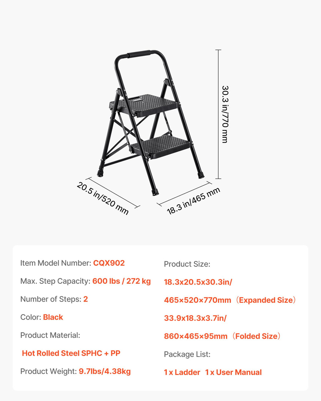2 Step Folding Steel Ladder 600 lbs Capacity Black S72635
