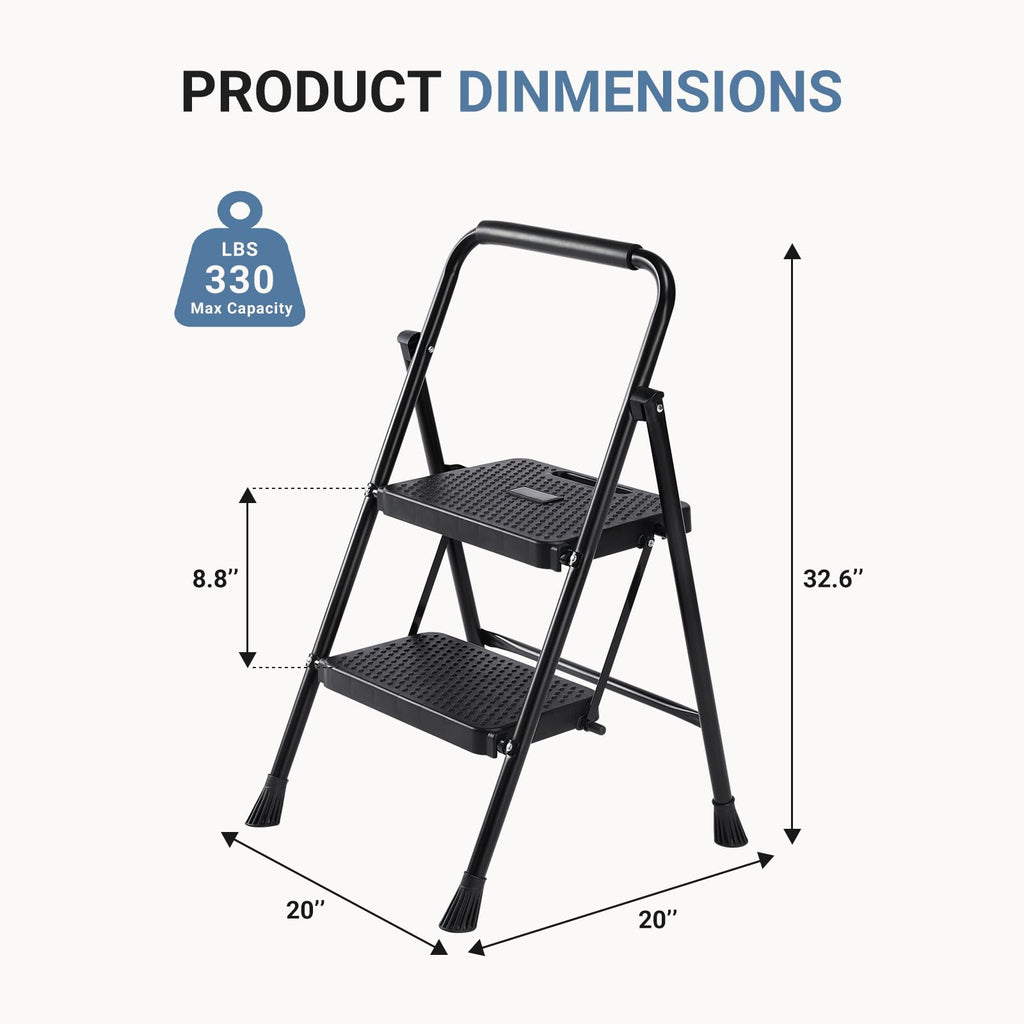 2 Step Stool with Anti-Slip Pedal & Handrail, 330lbs, Black O7078