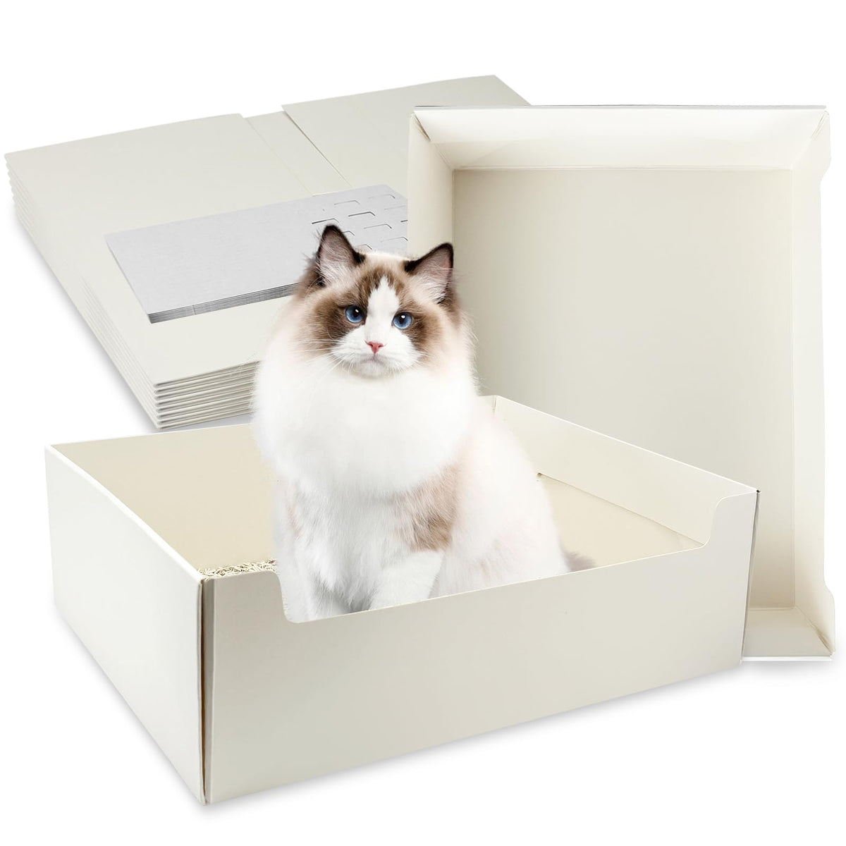 8 Pack White Foldable Disposable Litter Boxes with Scoop K8785