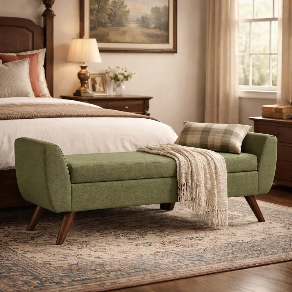 Olive Green Woven Storage Bench with Wood Legs N82773