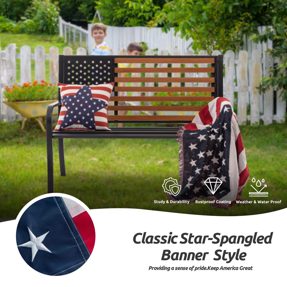50” Outdoor Garden Bench with Flag Style Cast Iron Metal Frame W505
