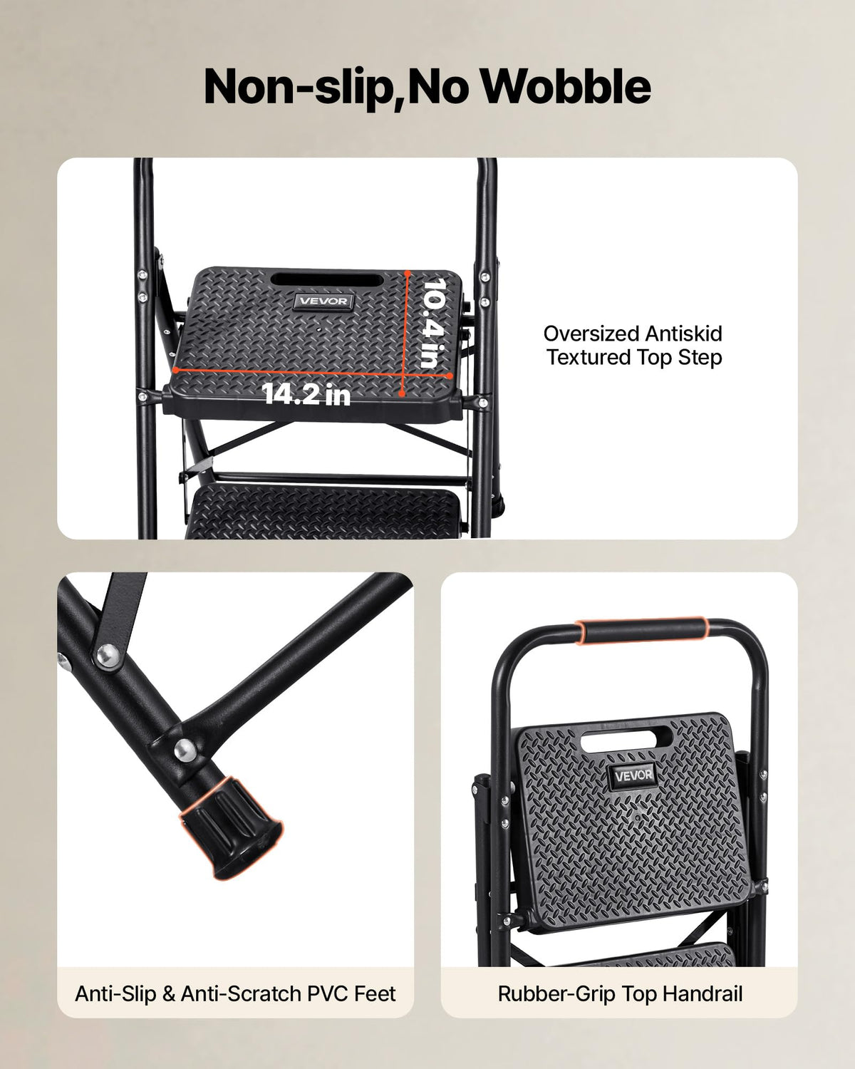2 Step Folding Steel Ladder 600 lbs Capacity Black S72635