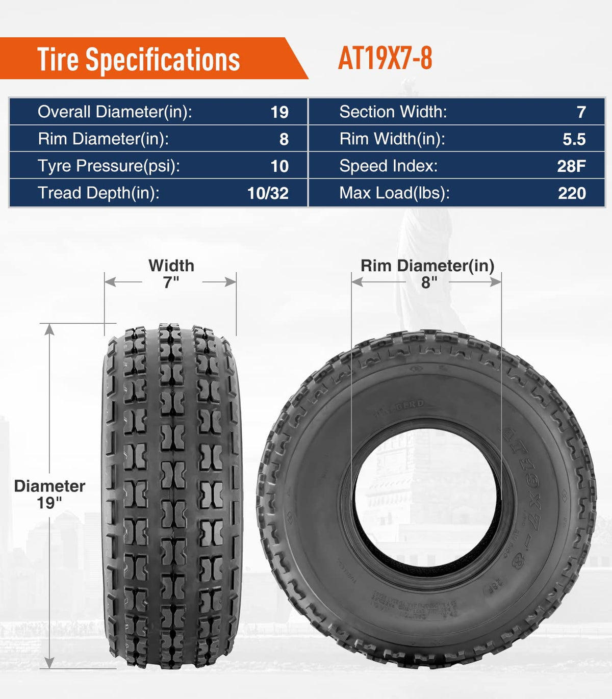 19x7-8 ATV Tires Set of 2 Tubeless All Terrain J5278
