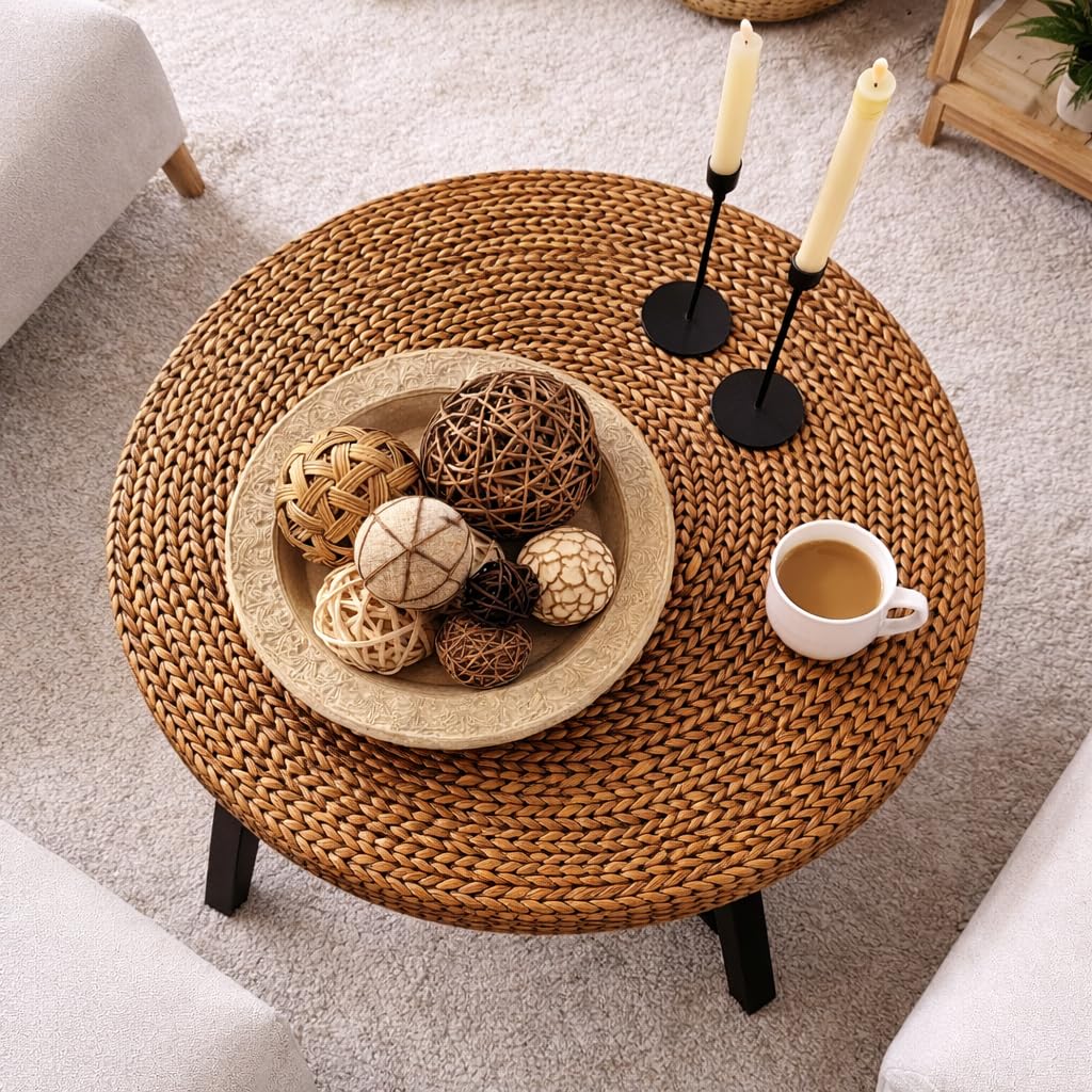 32 Inch Round Handwoven Seagrass Coffee Table with Pine Wood X Base L475245