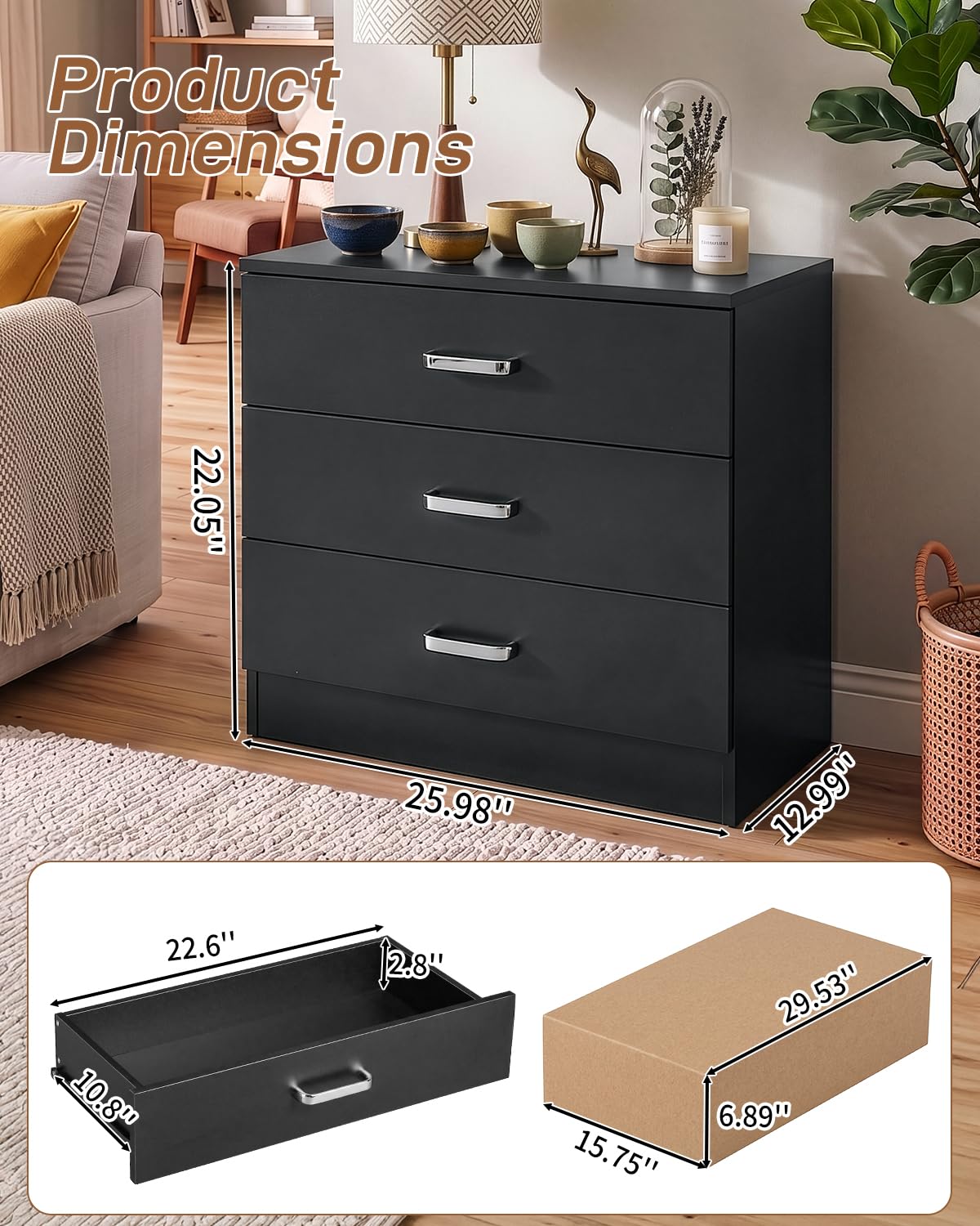 Black 3 Drawer Dresser S1534