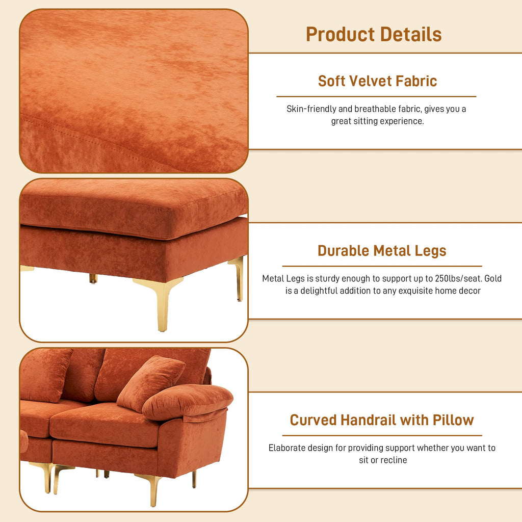 114" U-Shaped Velvet Sectional Couch with Ottoman B1099