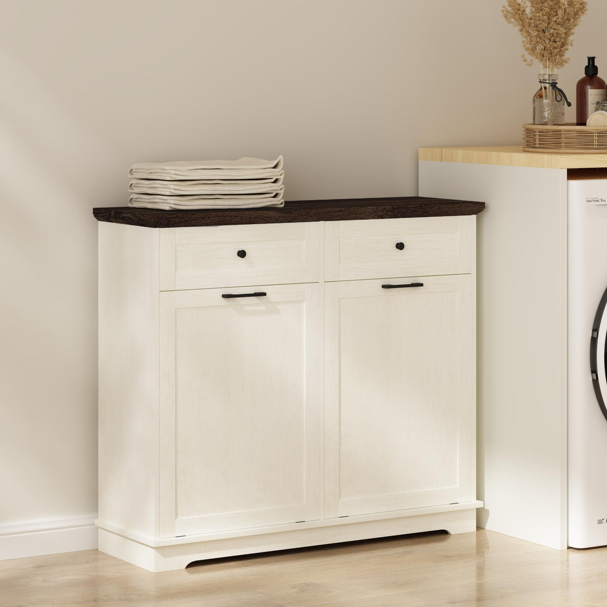 20 Gallon Double Tilt Out Wood Trash Can Cabinet with Drawer L517001