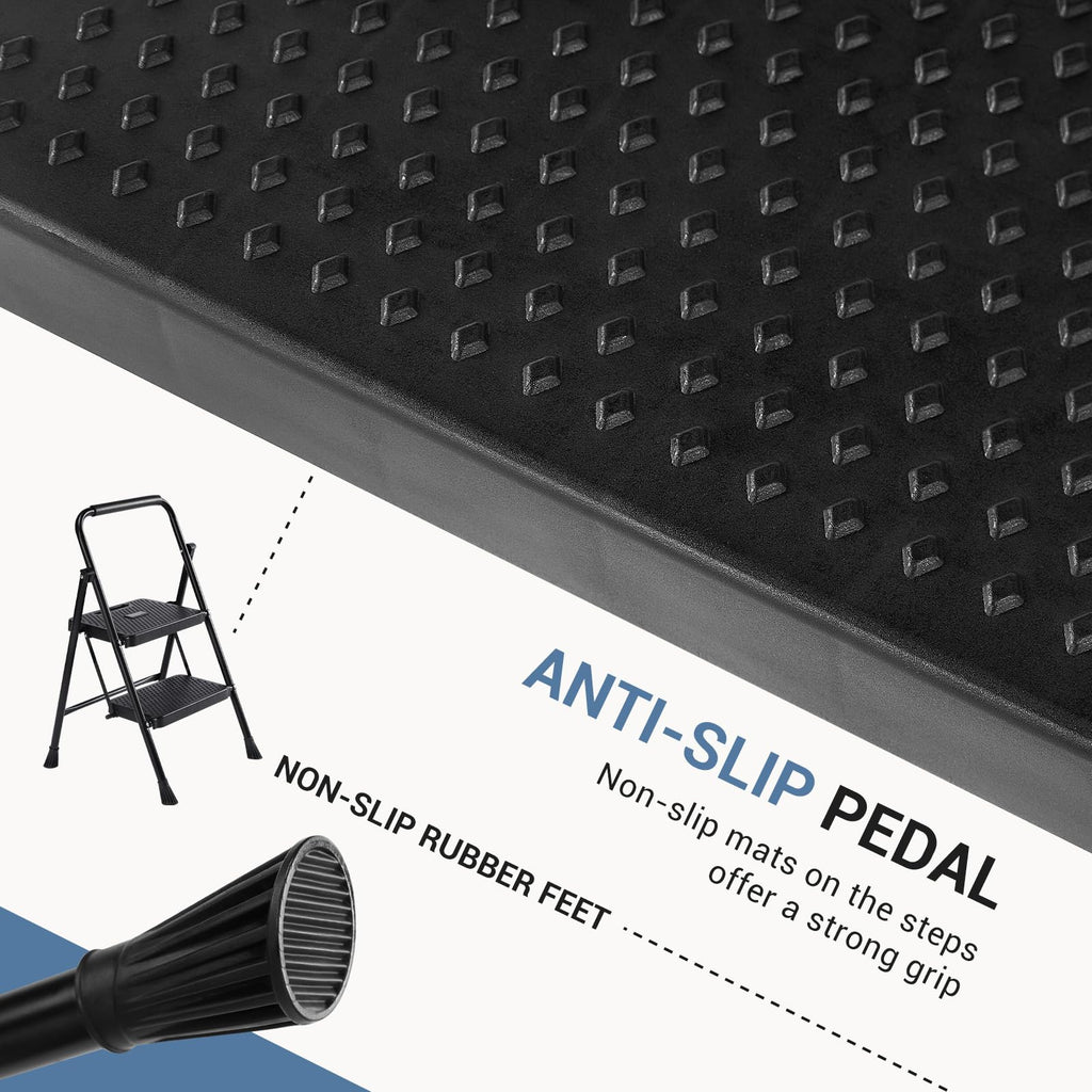 2 Step Stool with Anti-Slip Pedal & Handrail, 330lbs, Black O7078