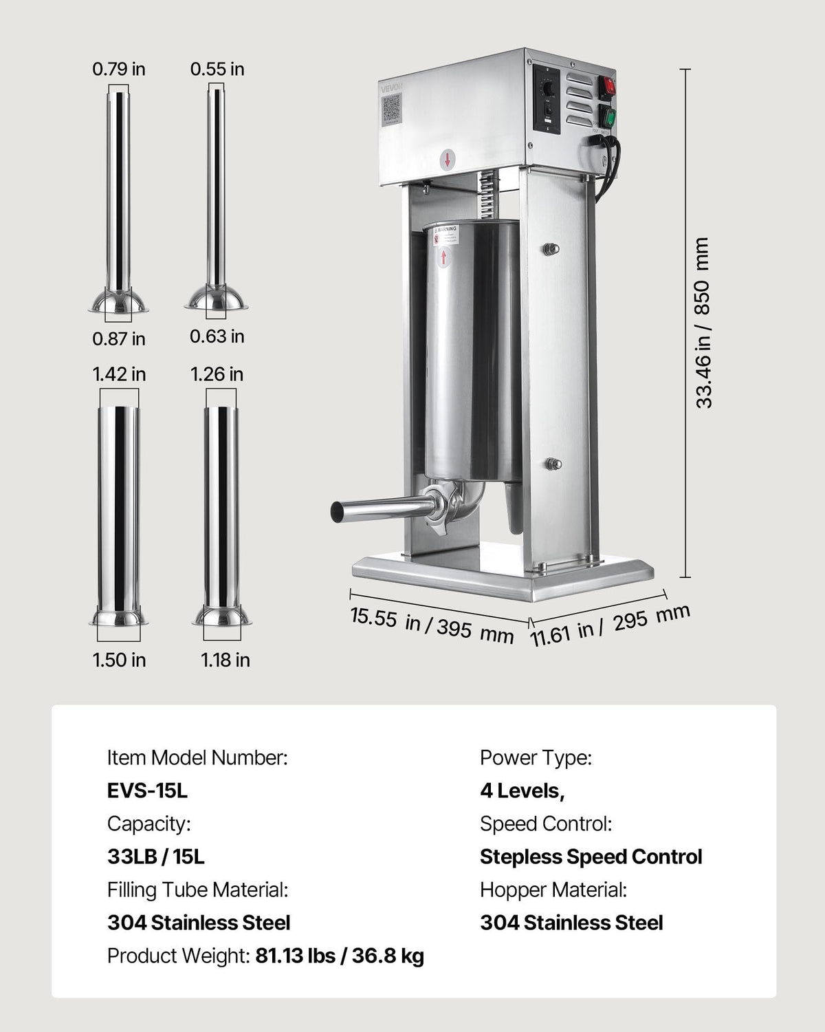 15 L Stainless Steel Electric Sausage Stuffer with 4 Stuffing Tubes E7789