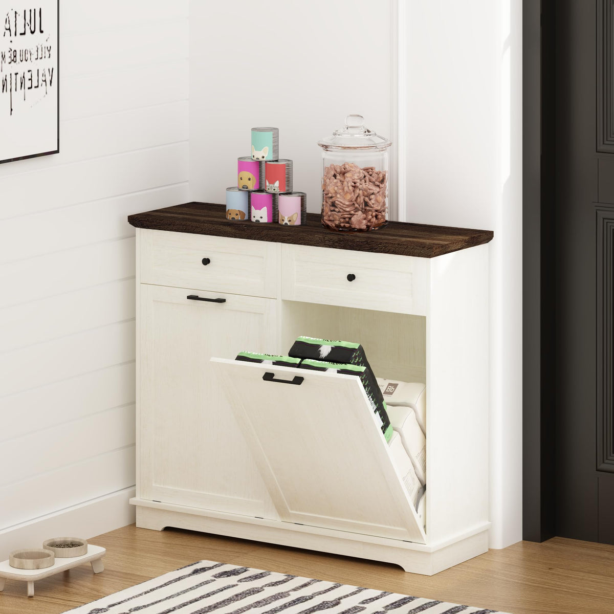 20 Gallon Double Tilt Out Wood Trash Can Cabinet with Drawer L517001