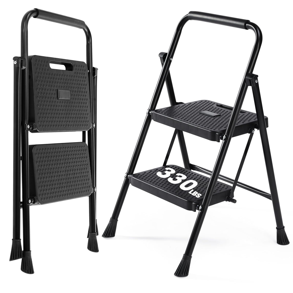 2 Step Stool with Anti-Slip Pedal & Handrail, 330lbs, Black O7078