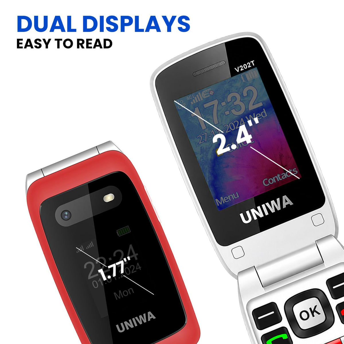 4G Flip Phone Unlocked Dual Screen 2.4"+1.77" Red P777599