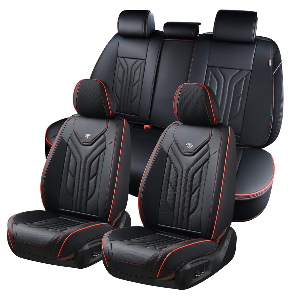 Black & Red Leather Car Seat Covers Full Set V498