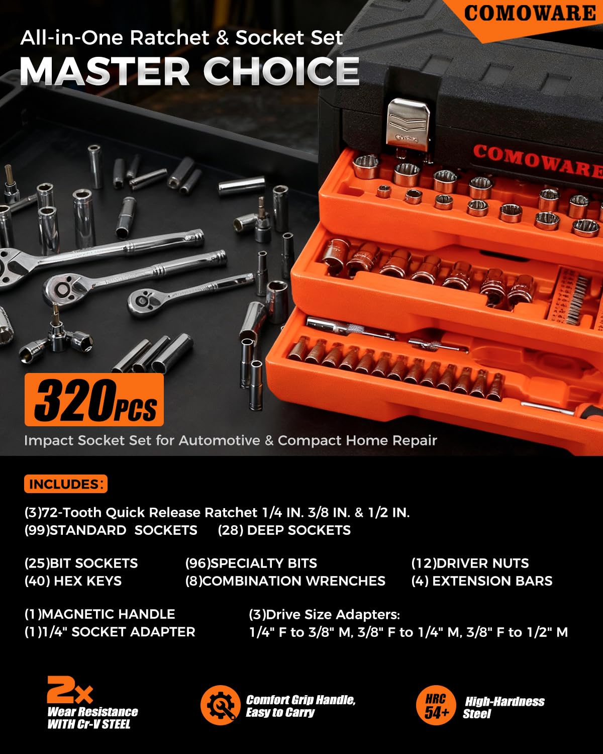 320-Piece Mechanic Tool Set with Case, 1/4" 3/8" 1/2" Drive SAE & Metric Socket Wrench Set, CR-V Steel X872711