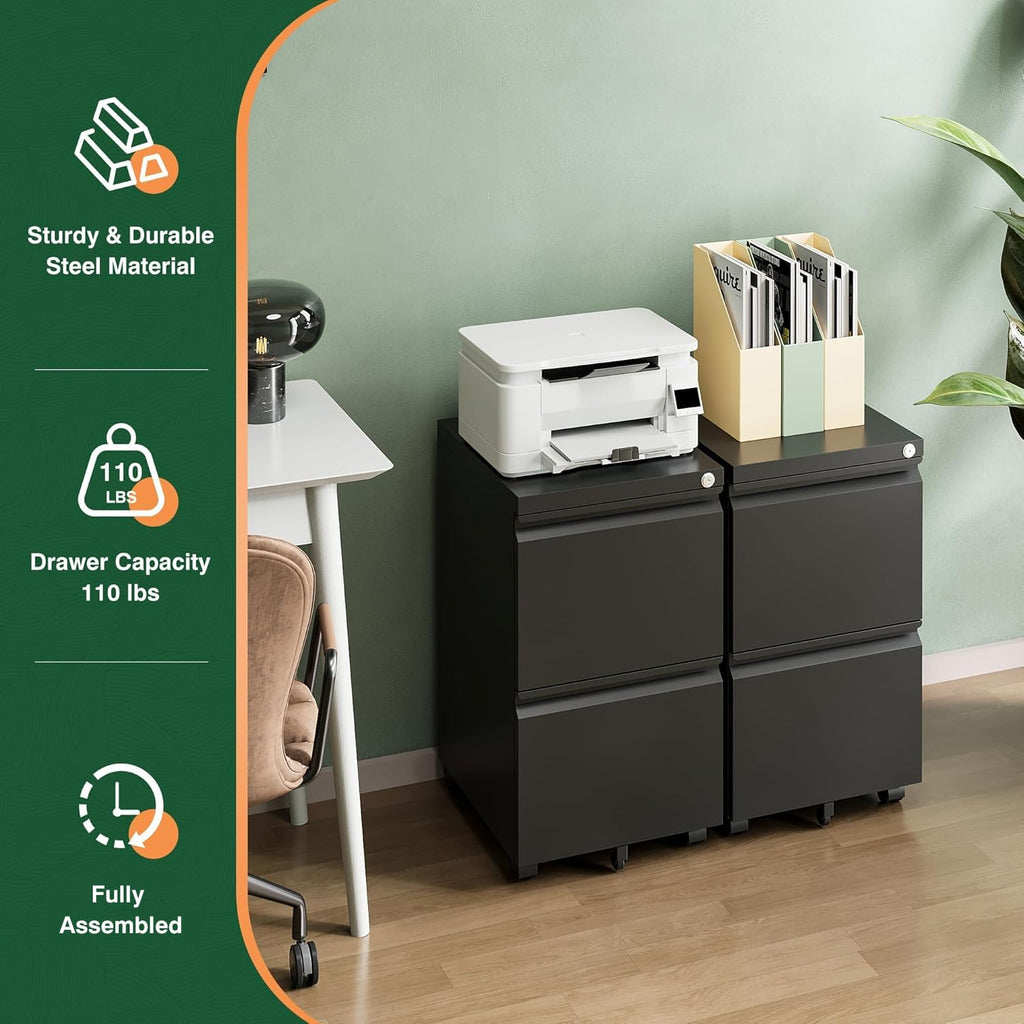2 Drawer Black Metal Mobile File Cabinet with Lock Q269