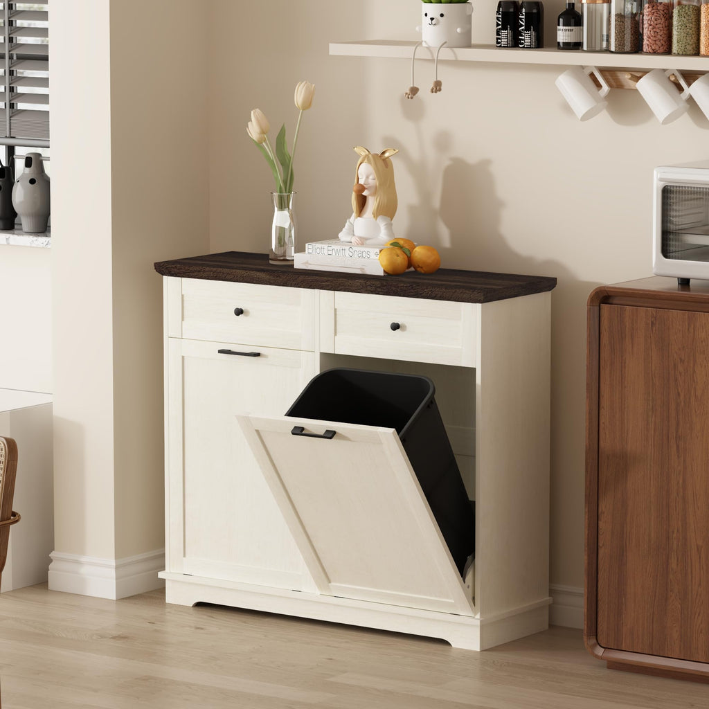 20 Gallon Double Tilt Out Wood Trash Can Cabinet with Drawer L517001