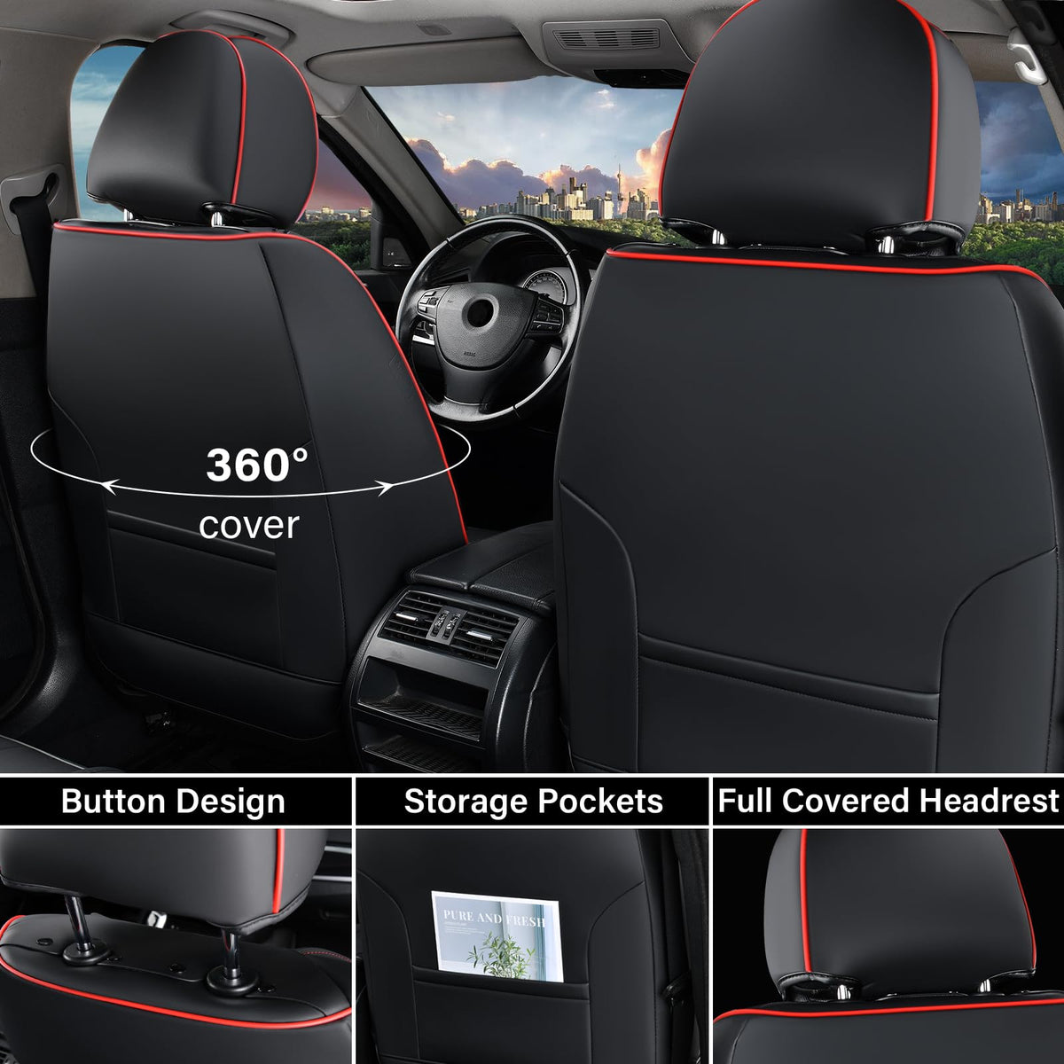 Black & Red Leather Car Seat Covers Full Set V498