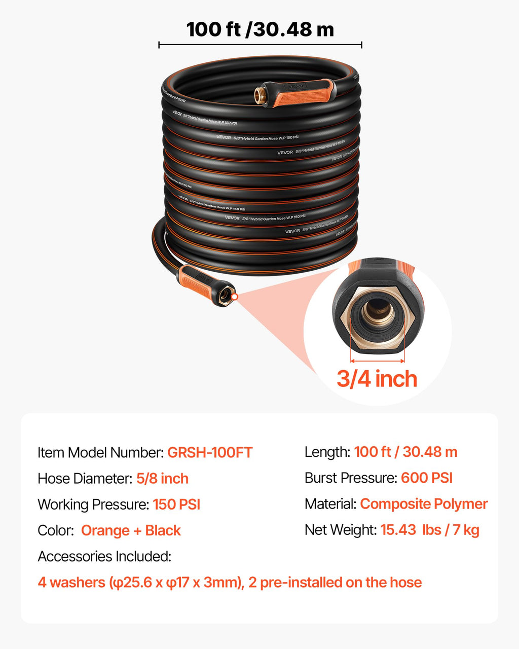 100 ft 5/8" Heavy Duty 4-Layer Rubber Garden Hose B412971