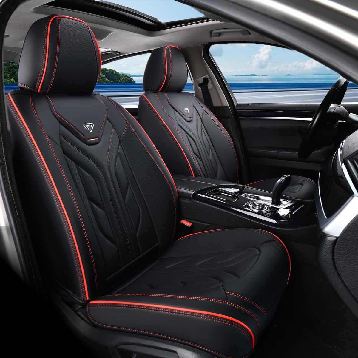 Black & Red Leather Car Seat Covers Full Set V498