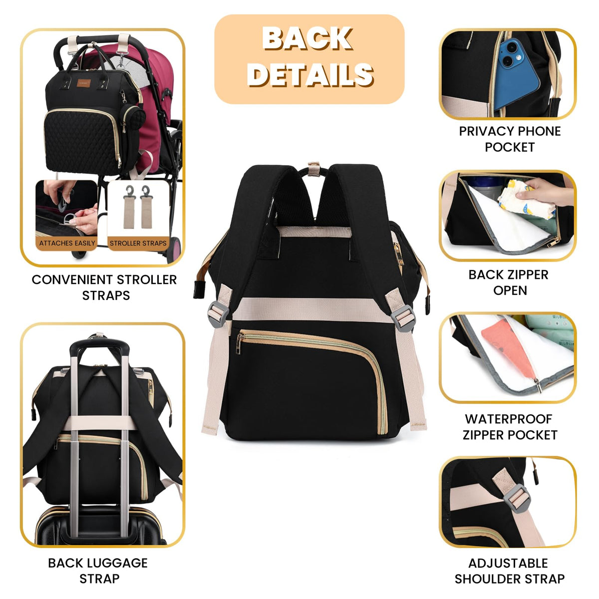 Black Waterproof Quilted Diaper Bag Backpack with Changing Pad O7941