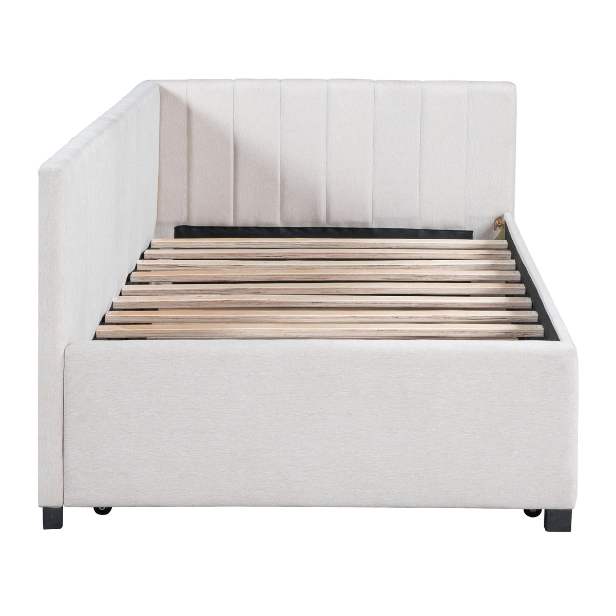 Upholstered Twin Daybed with Trundle, Linen Fabric, Beige D9982