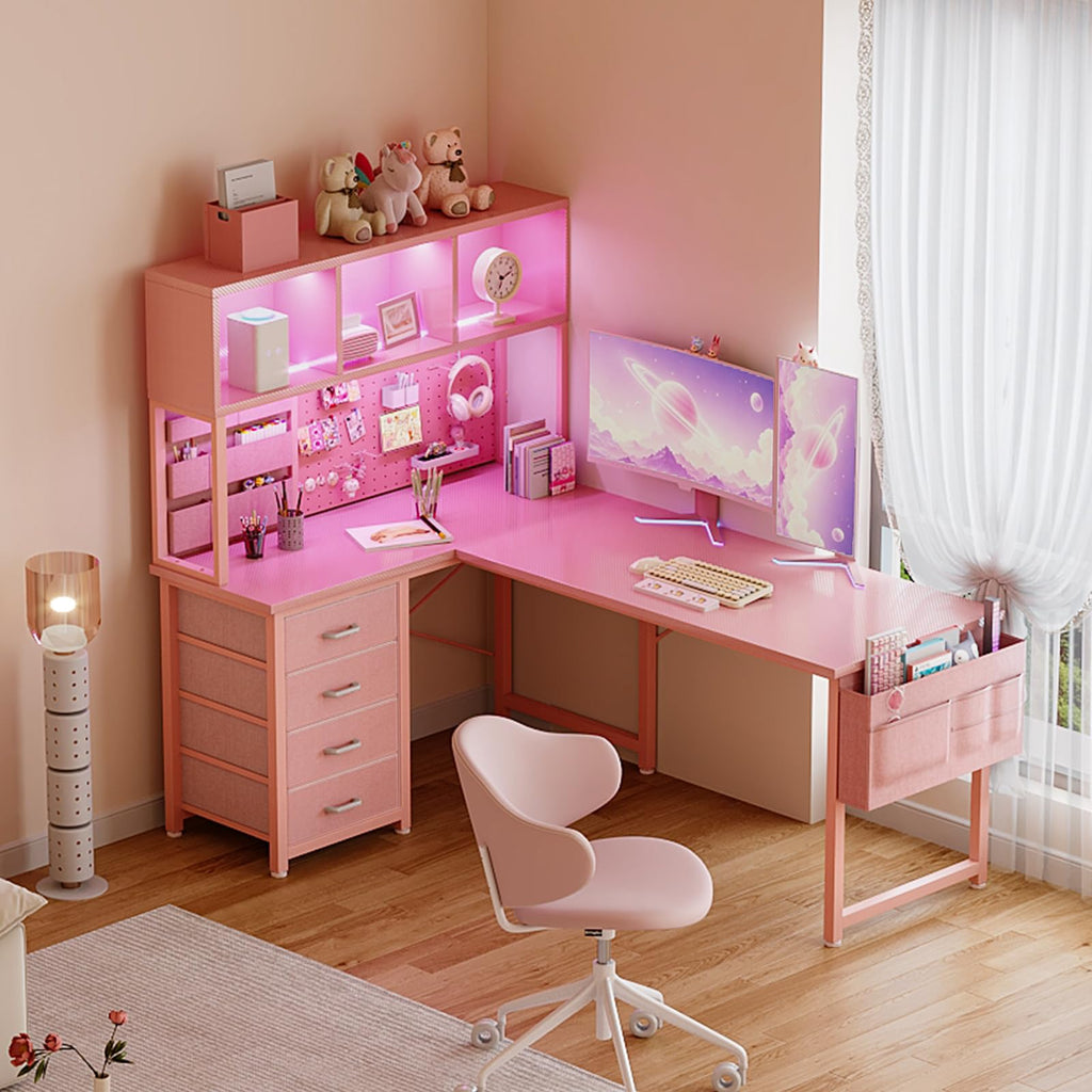 53" L Shaped Gaming Desk with Pegboard, Hutch & 4 Drawers, Pink R4256