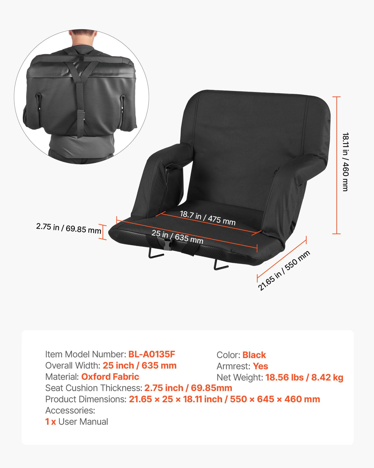 6 Adjustable Angle Padded Stadium Seat with Armrest M630231