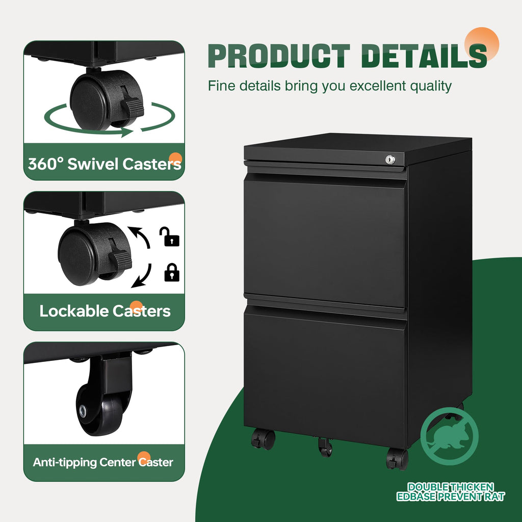 2 Drawer Black Metal Mobile File Cabinet with Lock Q269