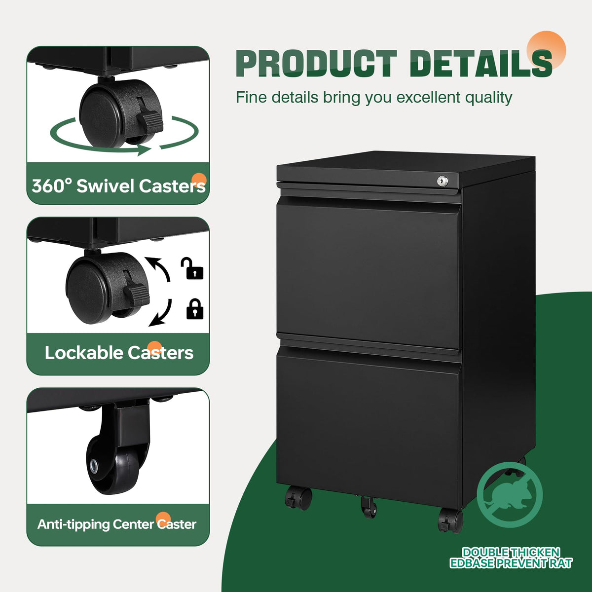 2 Drawer Black Metal Mobile File Cabinet with Lock Q269