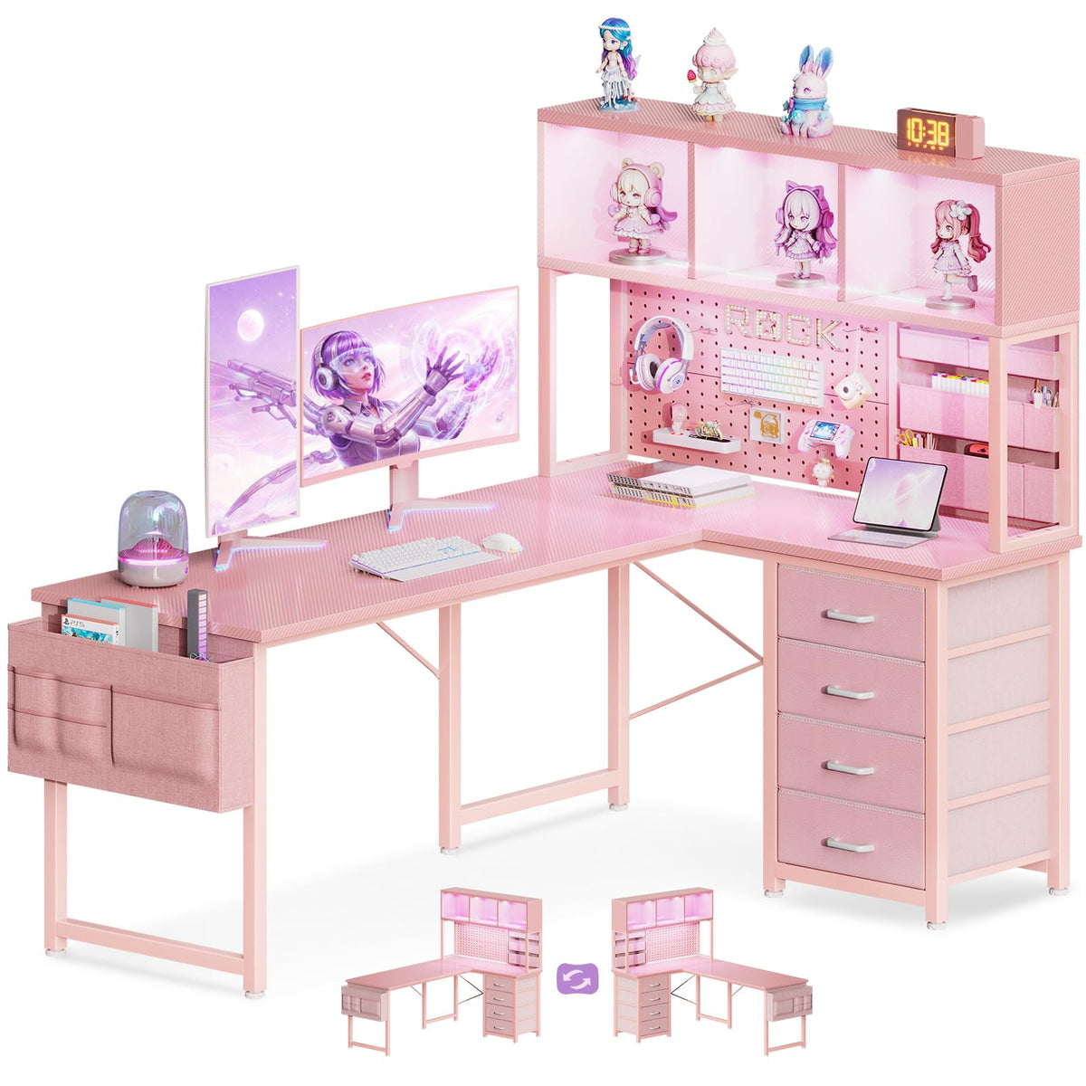 53" L Shaped Gaming Desk with Pegboard, Hutch & 4 Drawers, Pink R4256