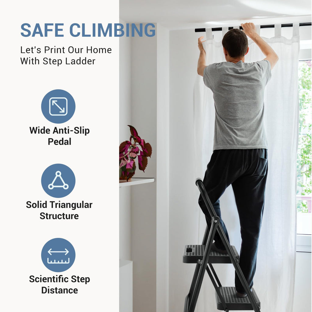 2 Step Stool with Anti-Slip Pedal & Handrail, 330lbs, Black O7078