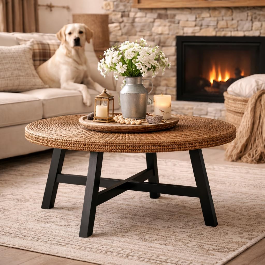 32 Inch Round Handwoven Seagrass Coffee Table with Pine Wood X Base L475245