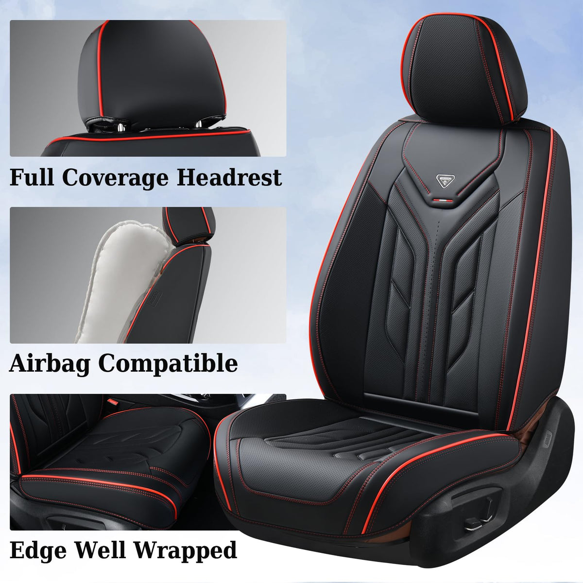 Black & Red Leather Car Seat Covers Full Set V498