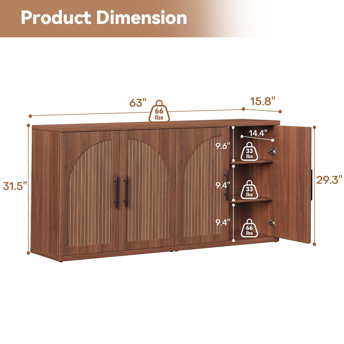 63" Fluted Walnut Credenza with Adjustable Shelf S120119
