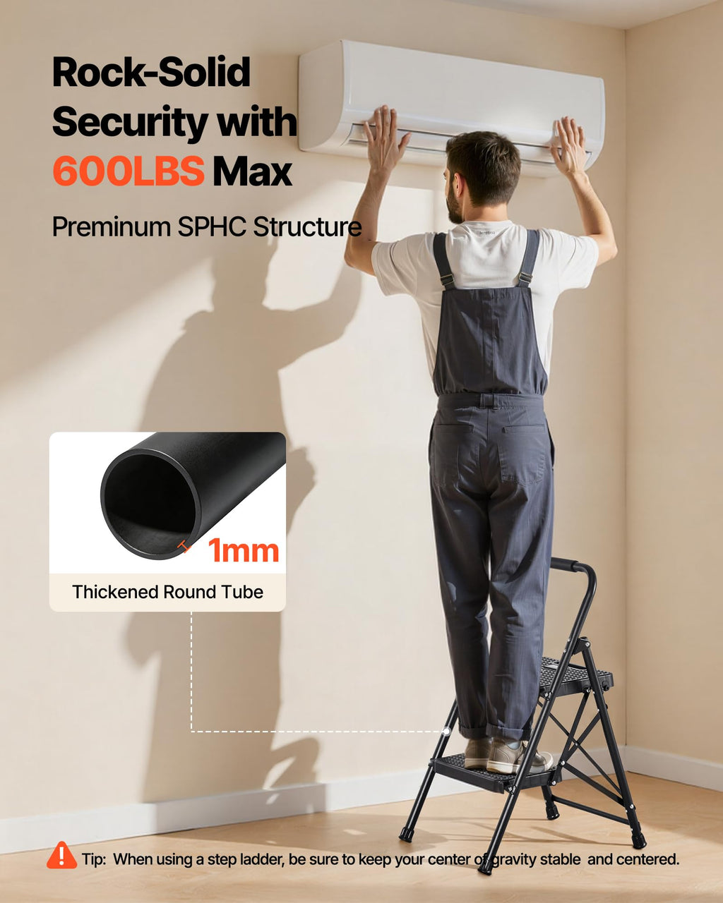 2 Step Folding Steel Ladder 600 lbs Capacity Black S72635