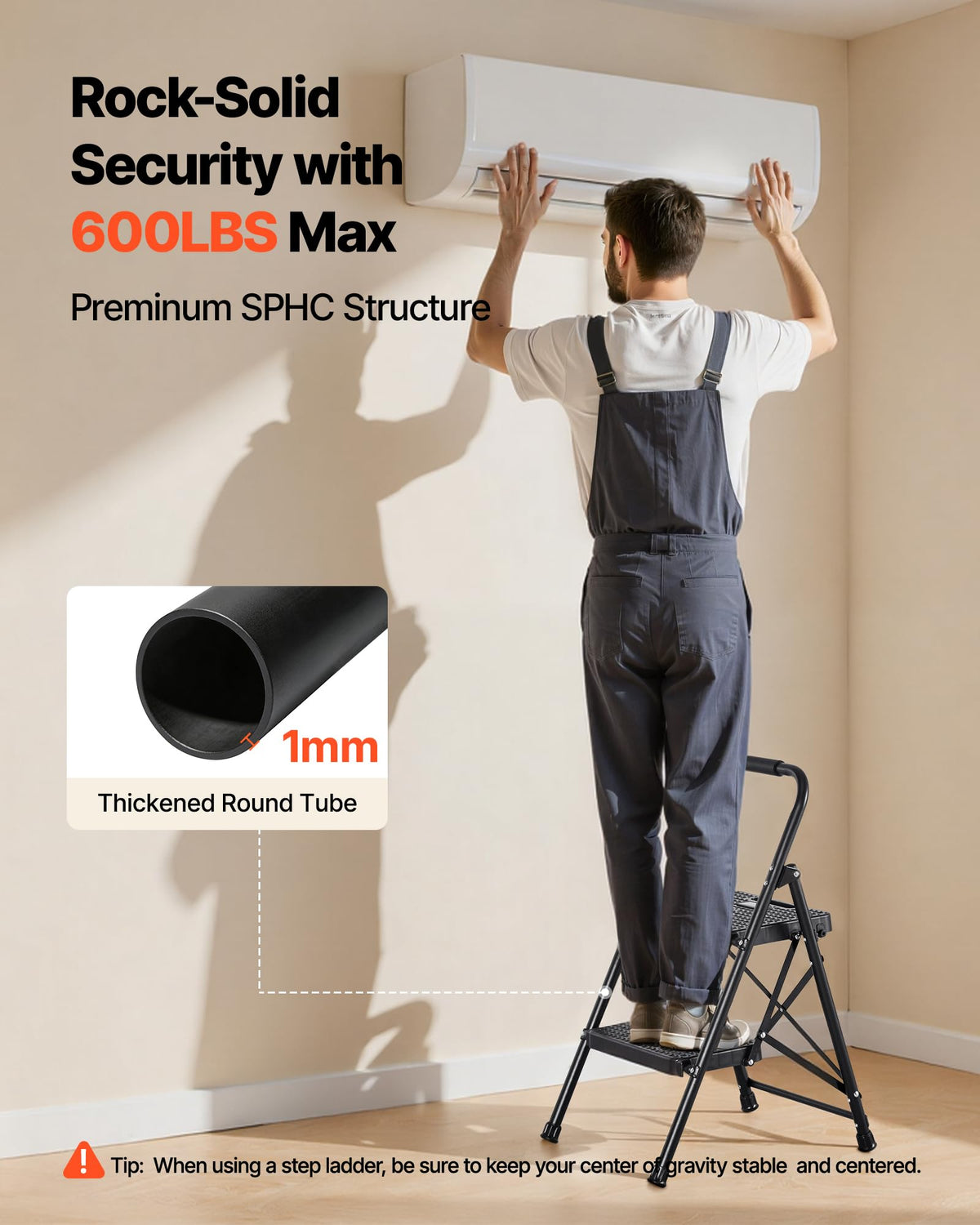 2 Step Folding Steel Ladder 600 lbs Capacity Black S72635