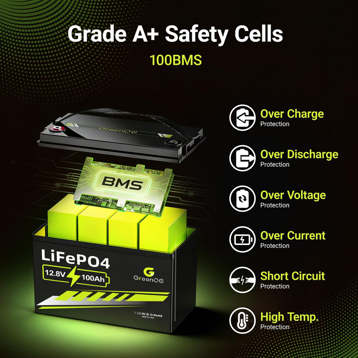 12V 100Ah LiFePO4 Deep Cycle Battery with 100A BMS V64624
