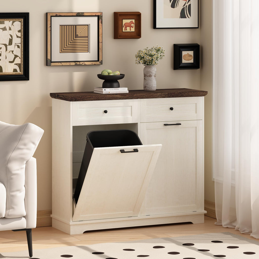 20 Gallon Double Tilt Out Wood Trash Can Cabinet with Drawer L517001