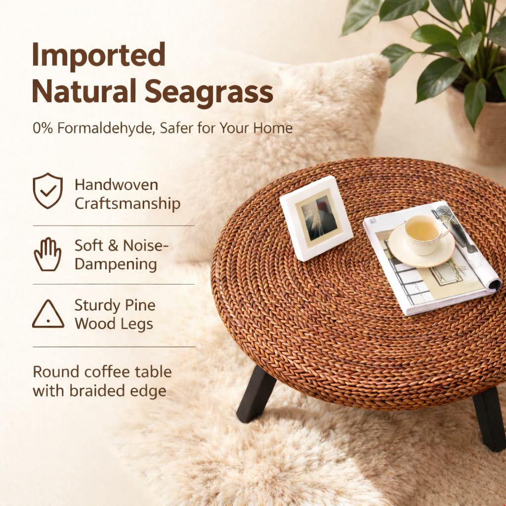 32 Inch Round Handwoven Seagrass Coffee Table with Pine Wood X Base L475245