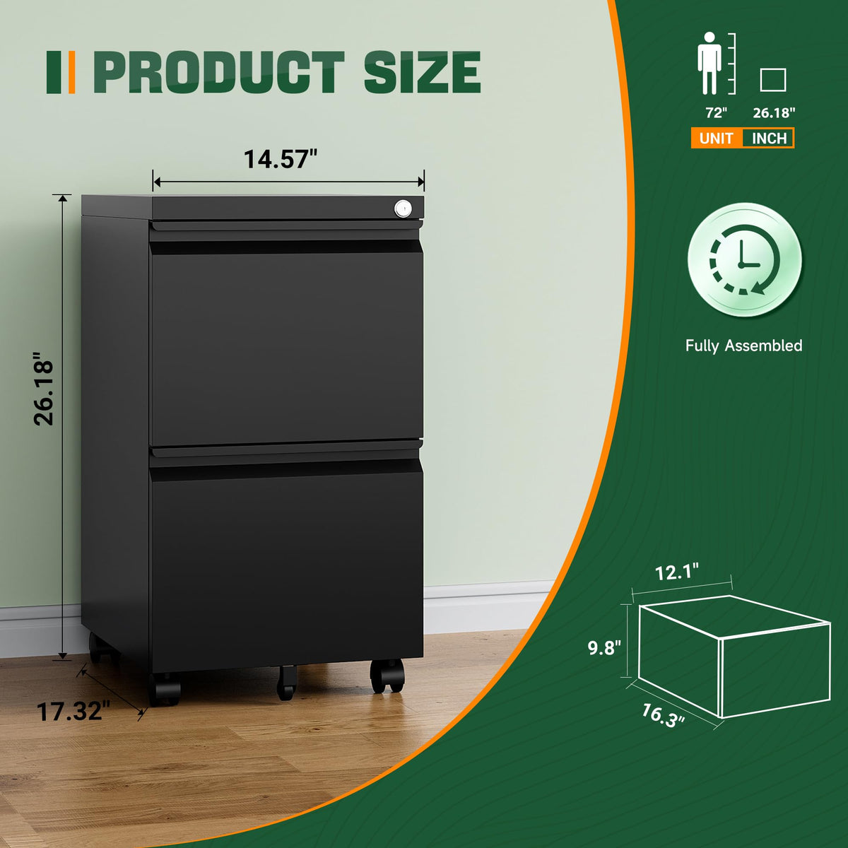 2 Drawer Black Metal Mobile File Cabinet with Lock Q269