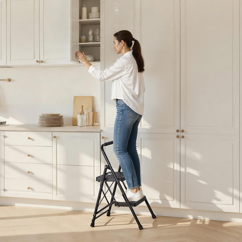 2 Step Folding Steel Ladder 600 lbs Capacity Black S72635