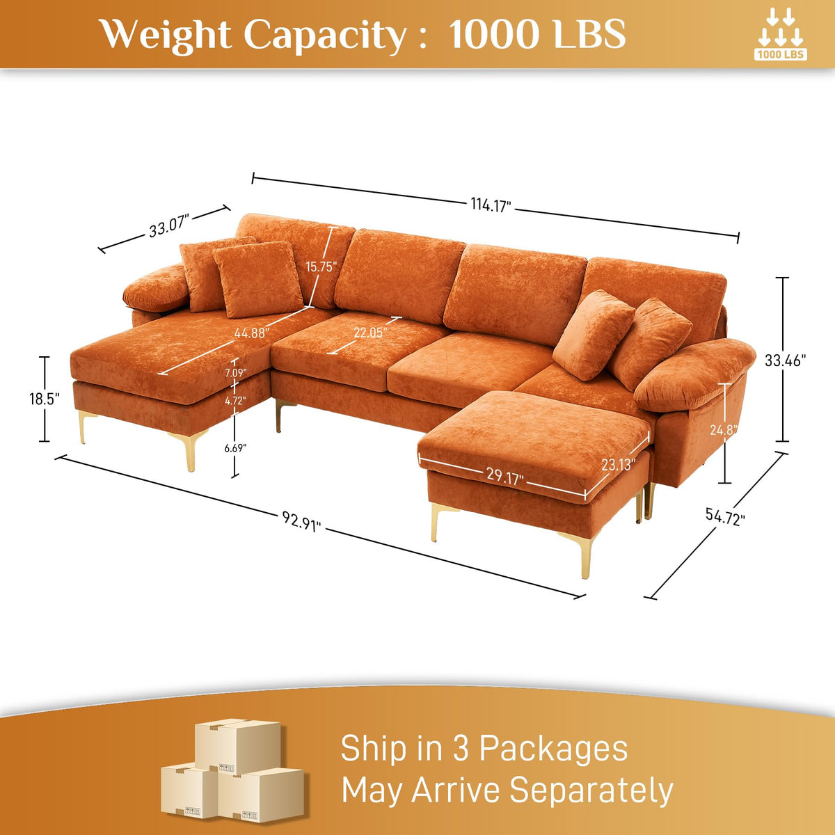 114" U-Shaped Velvet Sectional Couch with Ottoman B1099