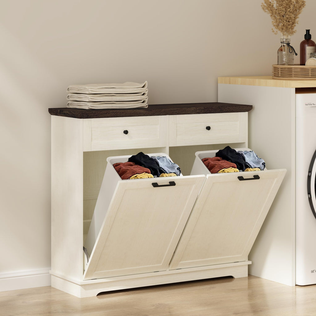 20 Gallon Double Tilt Out Wood Trash Can Cabinet with Drawer L517001