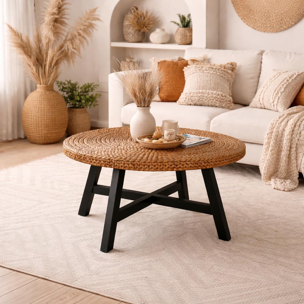 32 Inch Round Handwoven Seagrass Coffee Table with Pine Wood X Base L475245