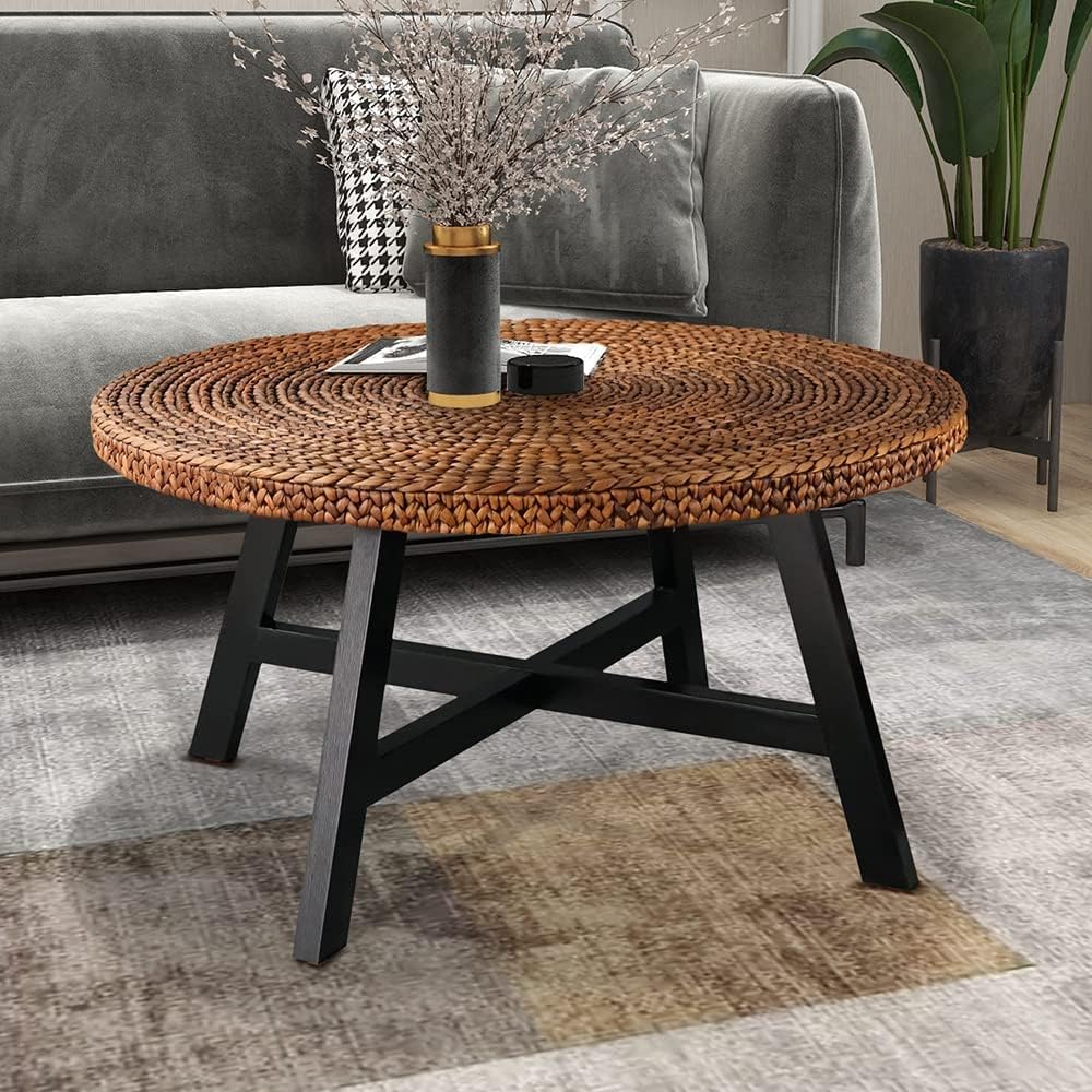 32 Inch Round Handwoven Seagrass Coffee Table with Pine Wood X Base L475245