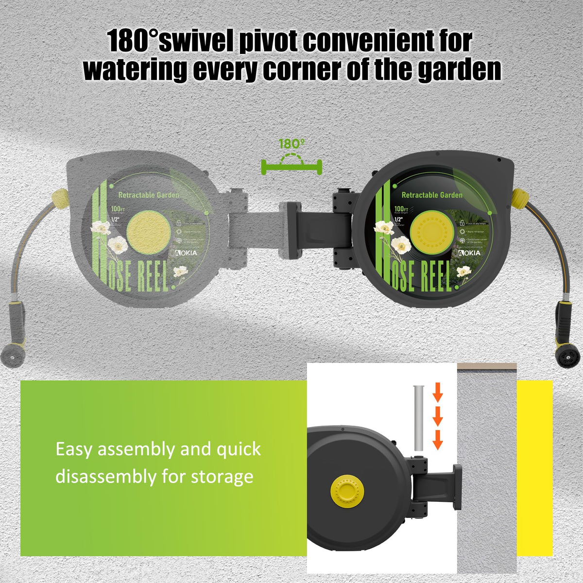 Retractable Garden Hose Reel, 1/2 in x 100 ft Wall Mounted Heavy Duty with 9 Patterns Nozzle V342