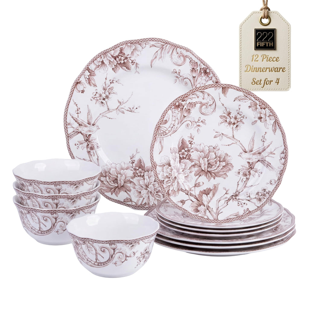 Brown on White 12-Piece Porcelain Dinnerware Set H217827