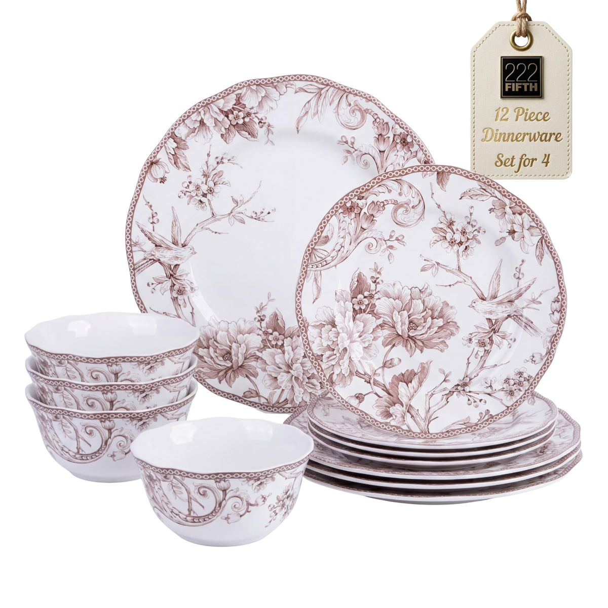 Brown on White 12-Piece Porcelain Dinnerware Set H217827