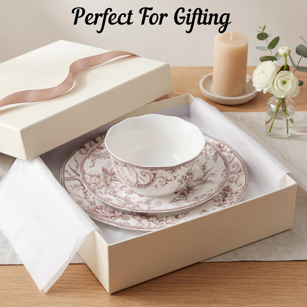 Brown on White 12-Piece Porcelain Dinnerware Set H217827